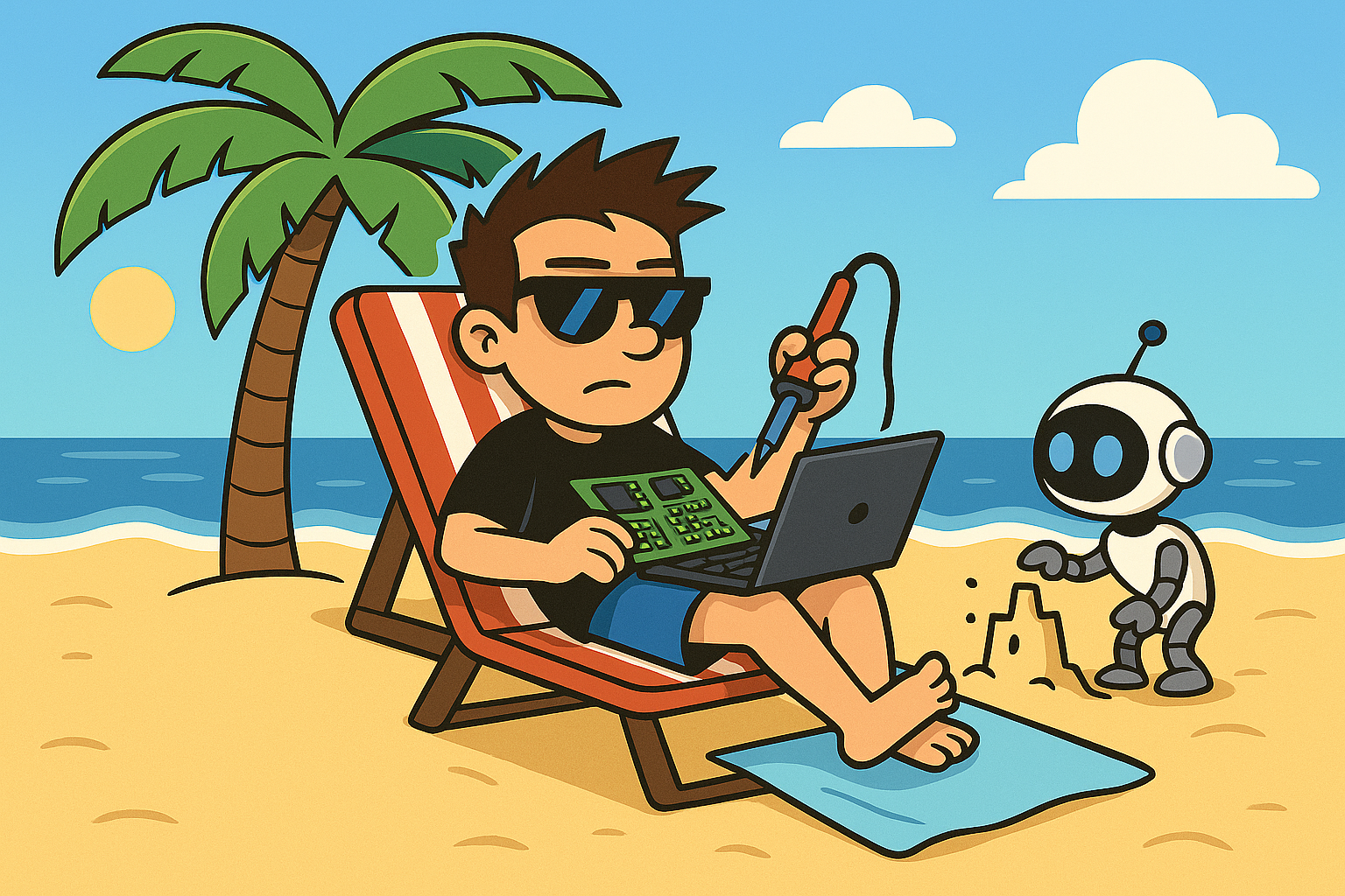 Bylla attempts to relax... but brings a soldering iron to the beach.