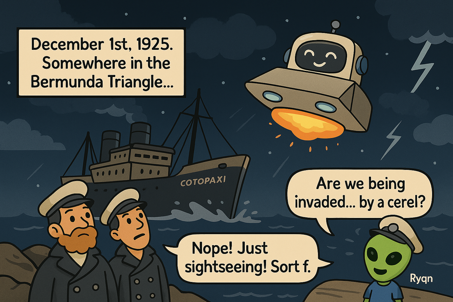 The Cotopaxi crew stare at the strange ship