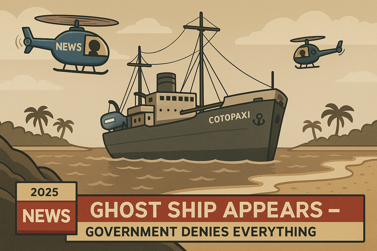 News helicopters hover over the ghost ship off Florida
