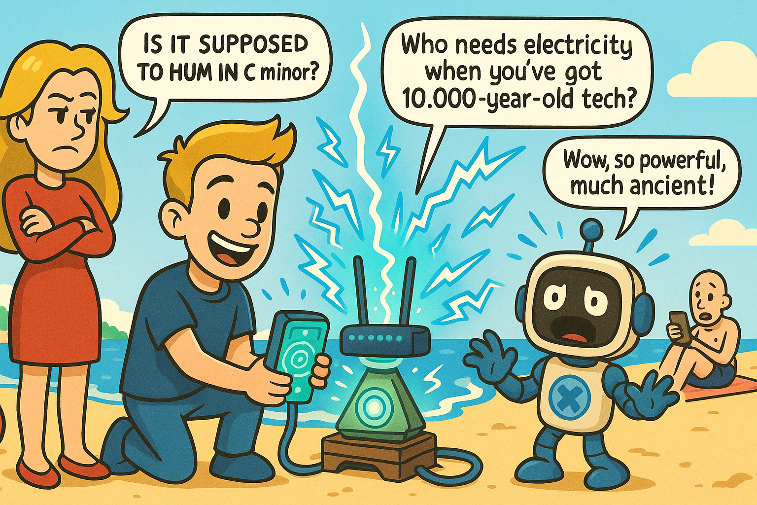Bylla powers a beach router with a glowing Atlantean artifact