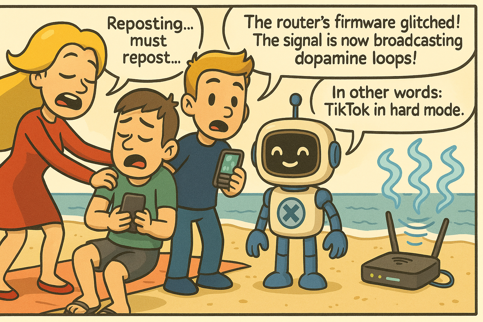 Beachgoers repeat reposting while FBE and Bylla diagnose the router