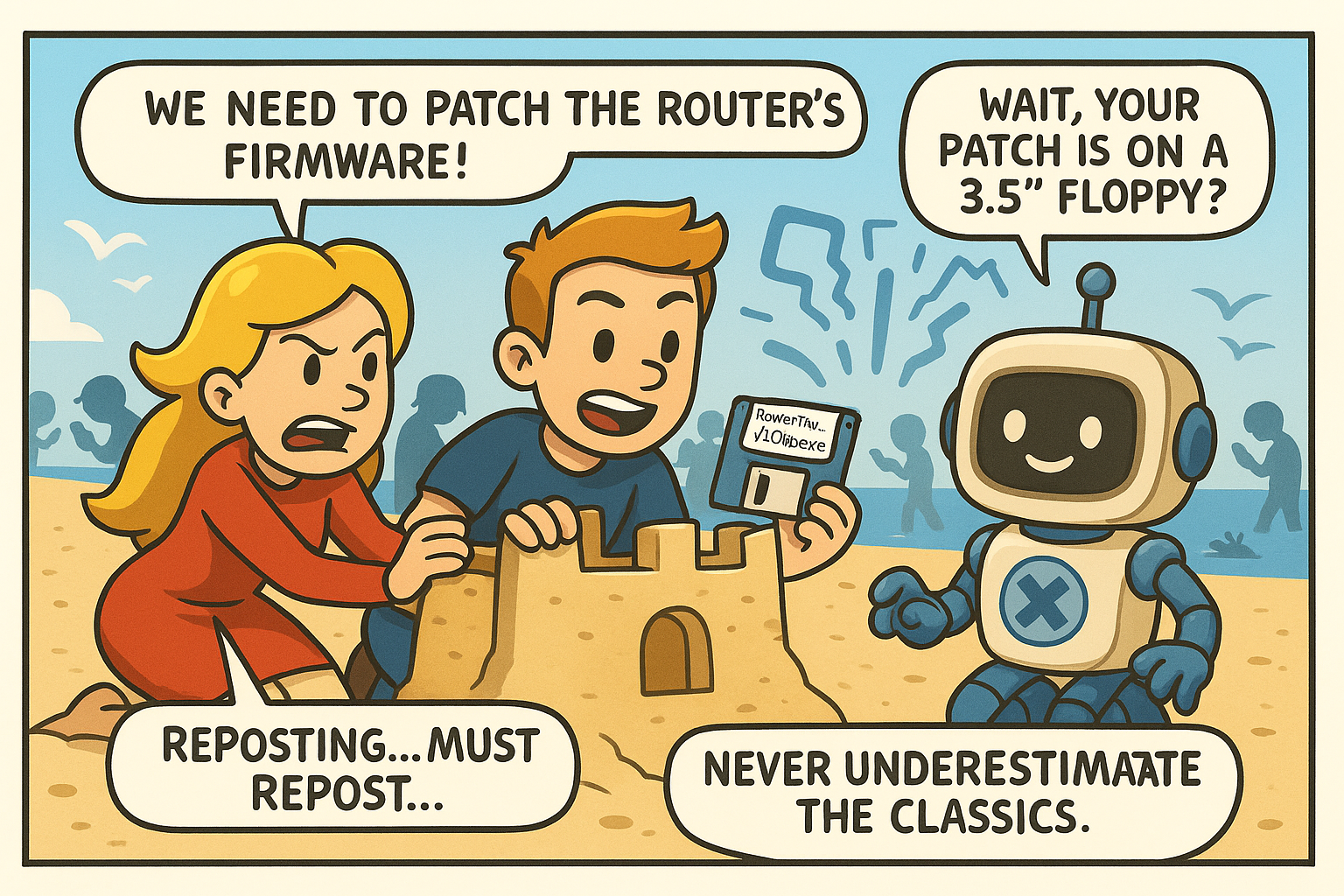 The team hides behind a sandcastle fortress and prepares a floppy disk patch