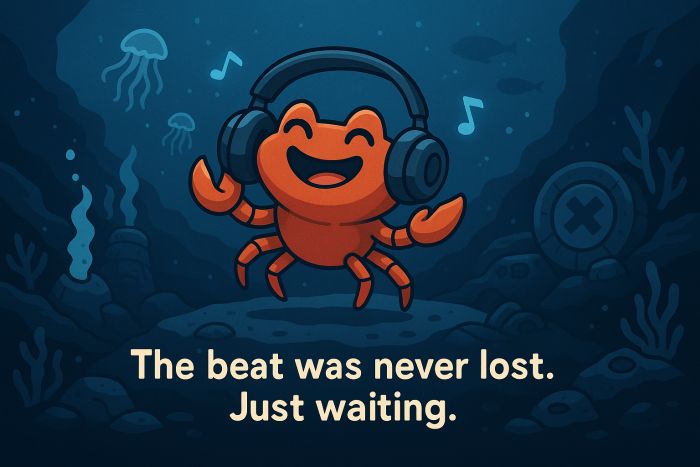 Crab dances with headphones