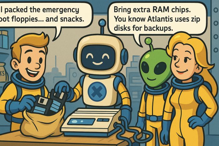 The team gears up with floppy disks and zip backups