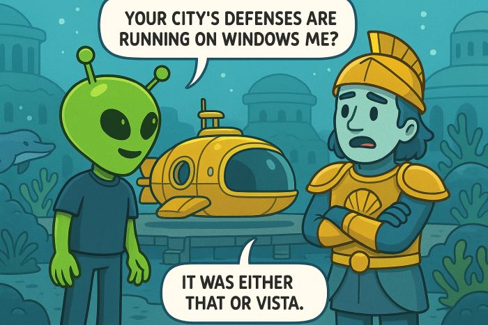 The team arrives in Atlantis and finds outdated defenses
