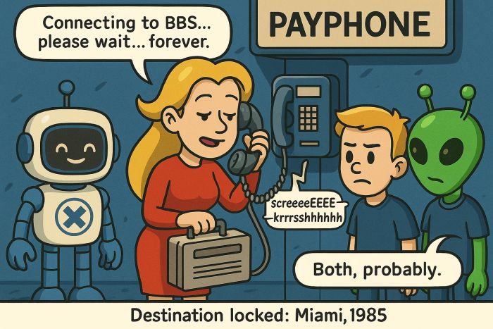 Amanda connects to a BBS through a payphone in Miami 1985
