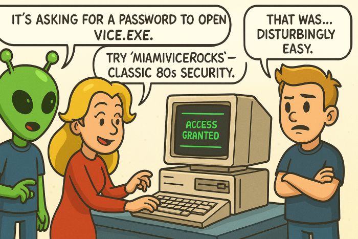Amanda enters the password for vice.exe on a vintage computer