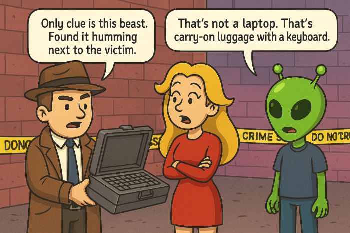 A detective shows the team a suspicious old portable computer