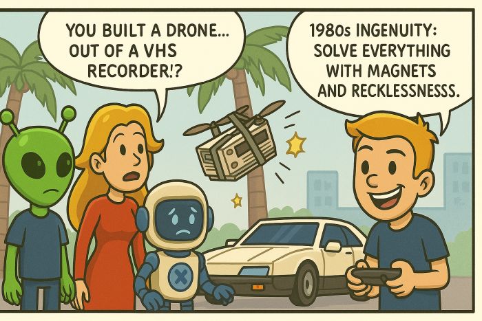 Bylla flies a drone built from a VHS recorder