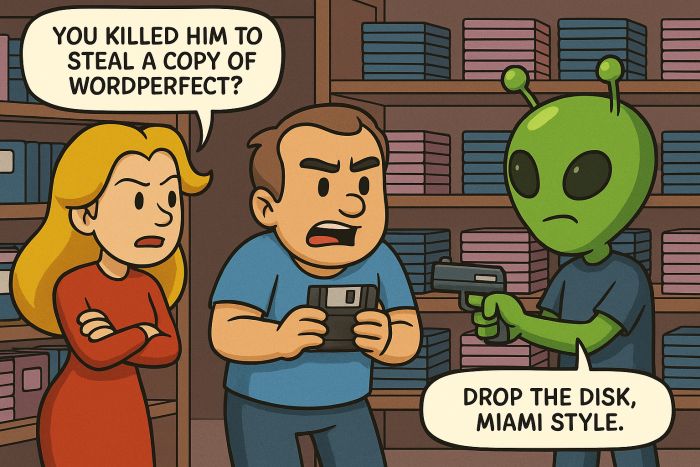 Ryqn confronts a suspect with a floppy disk in a retro software store