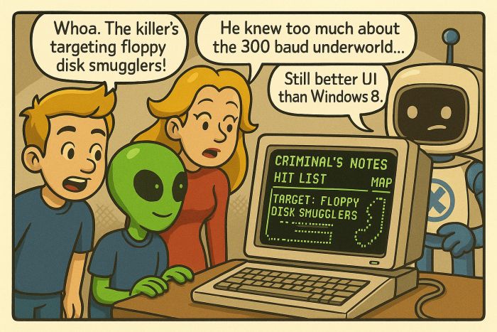 The team finds a criminal notes hit list targeting floppy disk smugglers