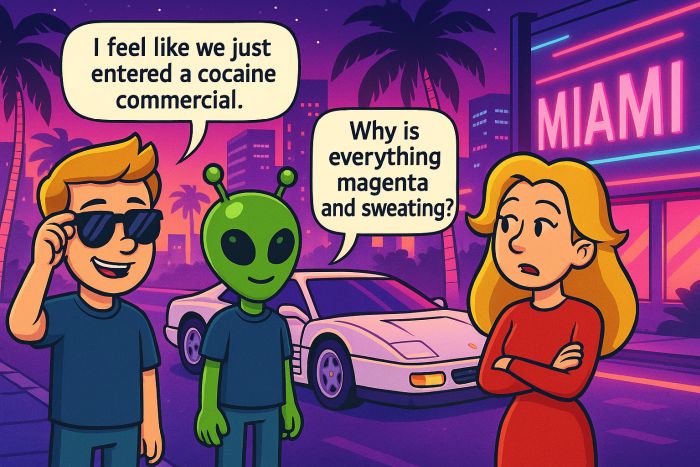 The gang stands in neon Miami beside a sports car
